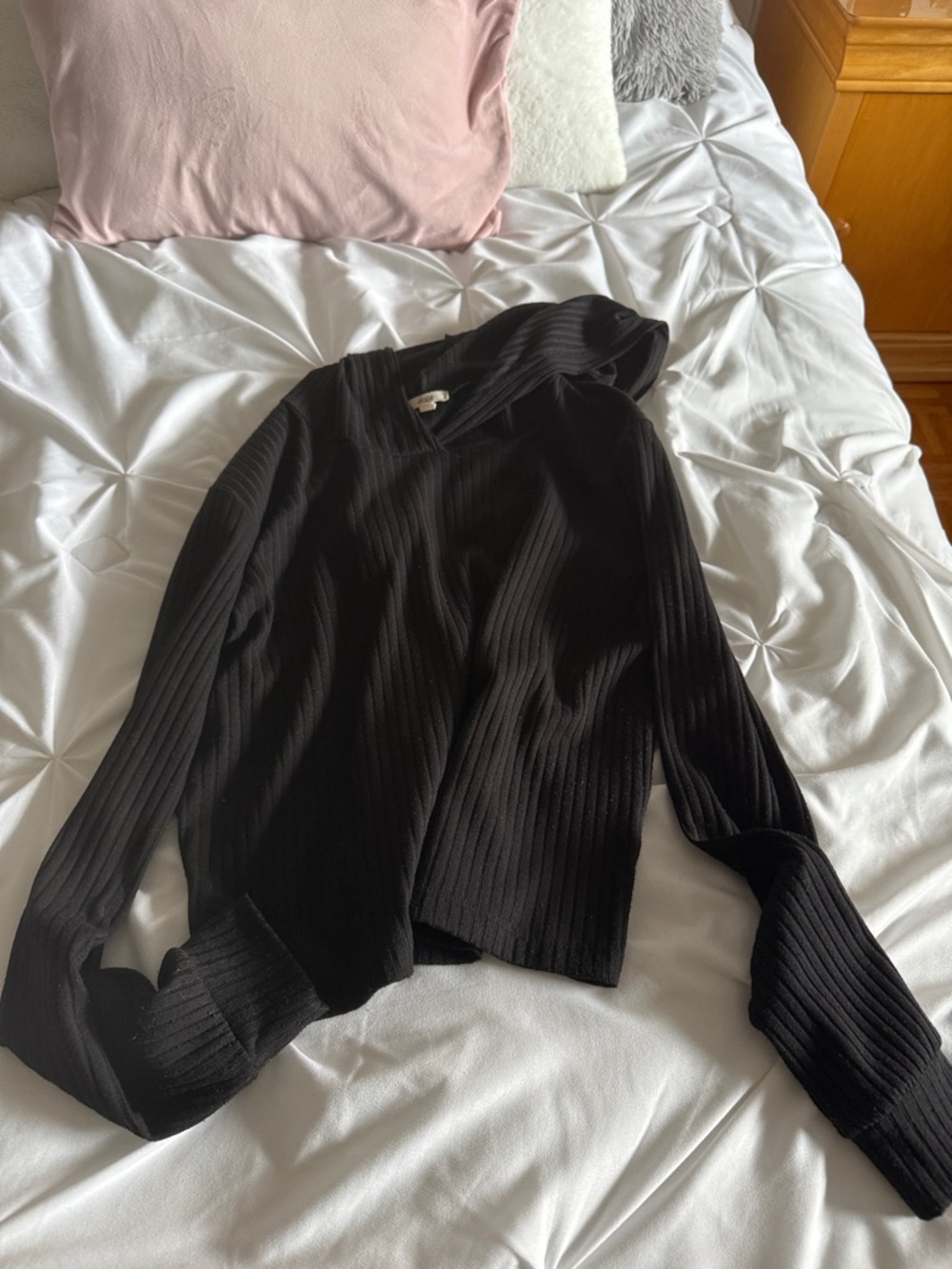 Ardene Black Ribbed Hooded Long Sleeve Top
